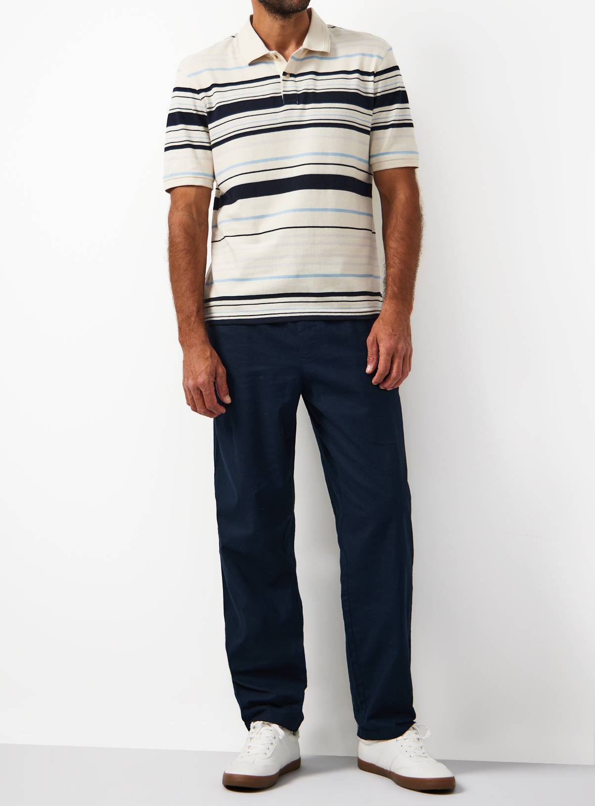 Cream Stripe Print Textured Polo Shirt XXL - Image 2